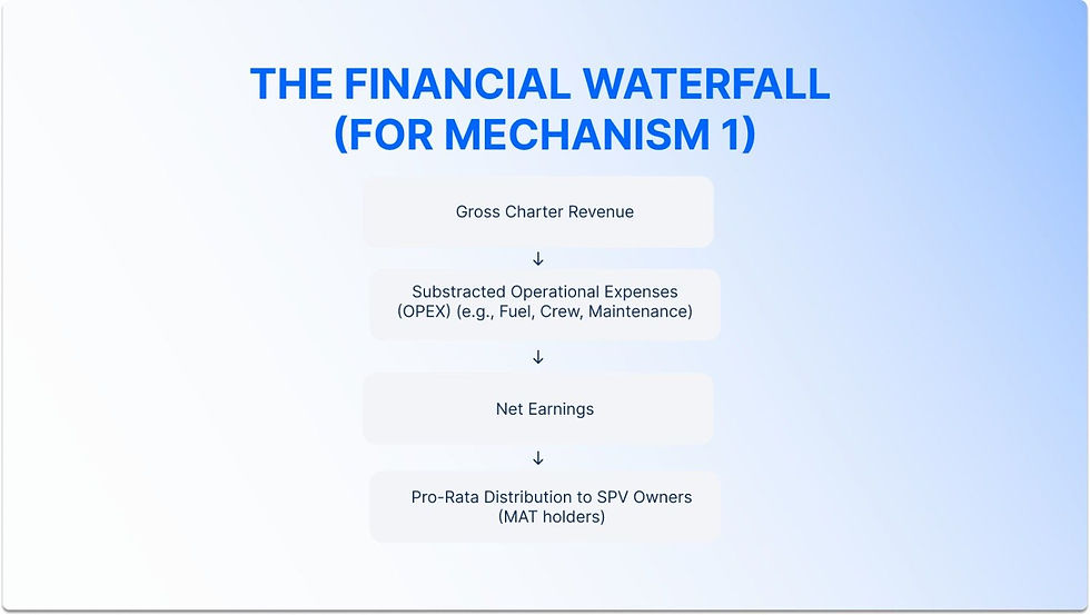 Flowchart titled "The Financial Waterfall" shows steps from Gross Charter Revenue to Pro-Rata Distribution against a blue gradient.