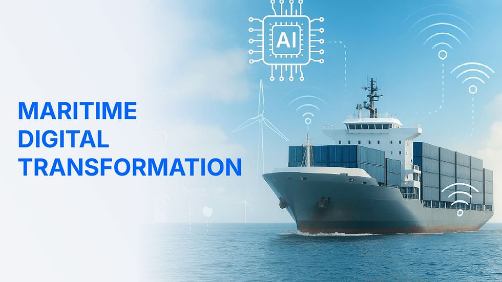 Illustration of a modern vessel with IoT sensors and AI overlay, symbolizing digital shipping technology.