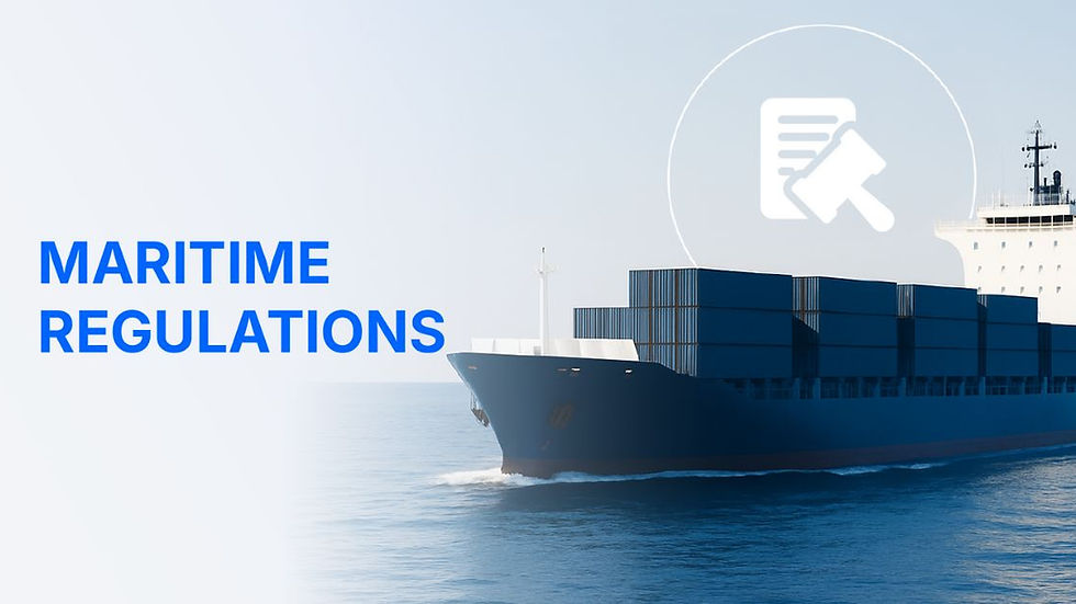 A visual of various regulatory symbols (IMO, EU ETS) over a ship, symbolizing the regulatory landscape.