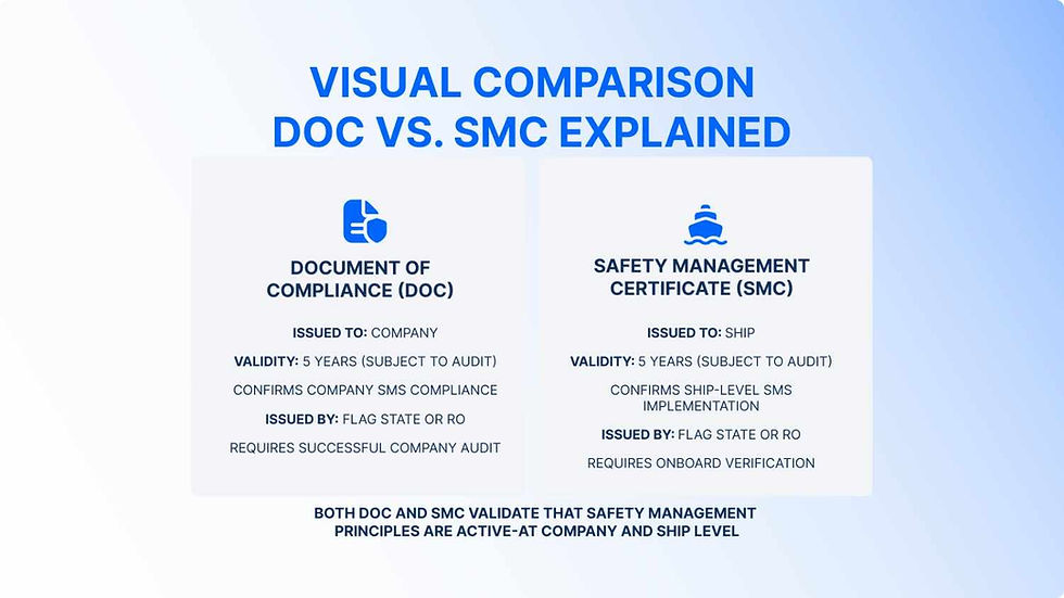 Comparison chart of DOC vs. SMC. DOC: for companies, SMC: for ships, both valid 5 years. Blue text on light gradient background.