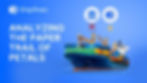 Cargo ship with colorful containers on blue background. Text: "Shipfinex: Analyzing the Paper Trail of Petals." Bank icon with red X, other icon with yellow arrow.