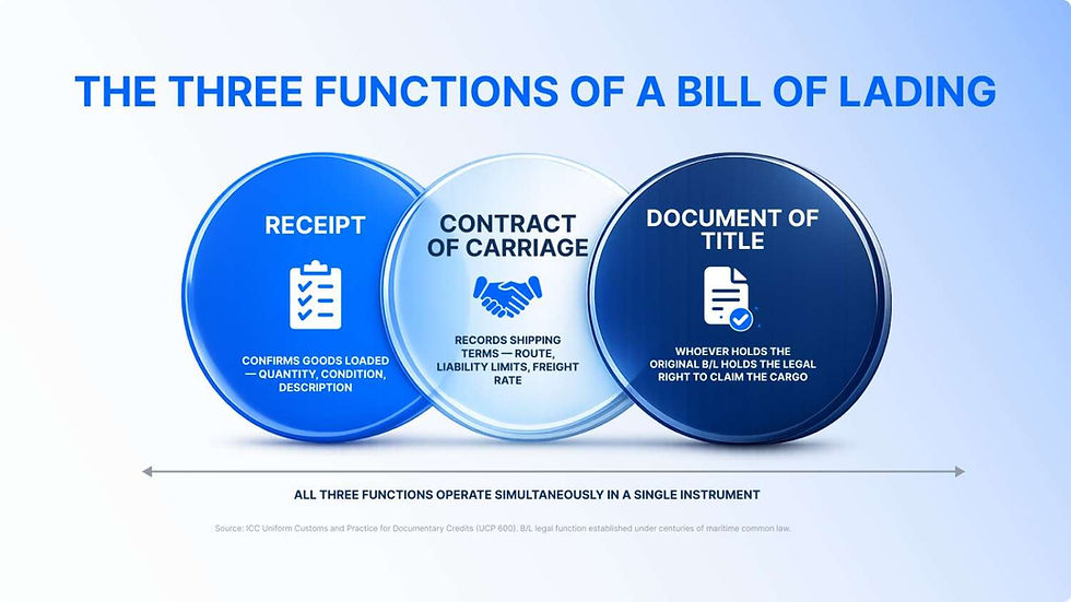 Three circles illustrate the functions of a bill of lading: Receipt, Contract of Carriage, and Document of Title, on a blue gradient background.