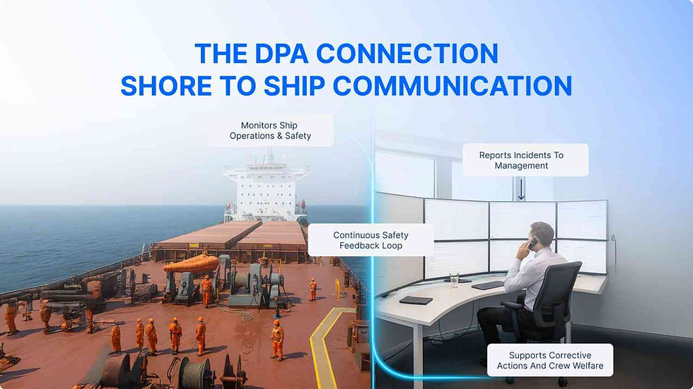 Ship deck with crew in orange uniforms; operator at a desk, multiple monitors. Text: "The DPA Connection Shore to Ship Communication."