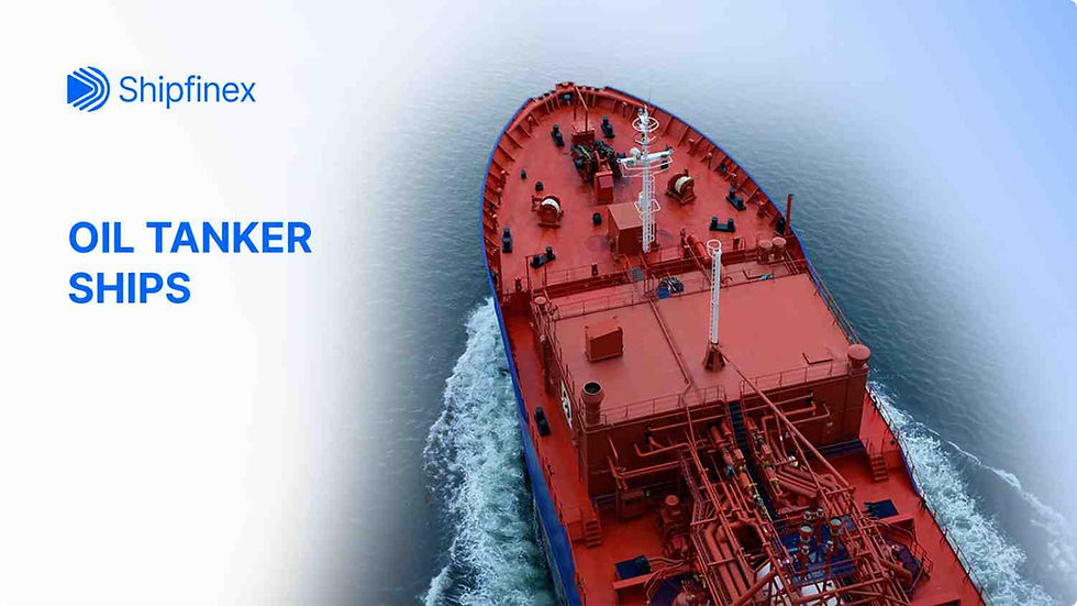 Red oil tanker ship on open water, viewed from above. Blue text reads "Shipfinex" and "OIL TANKER SHIPS" on the left. Waves trail behind.