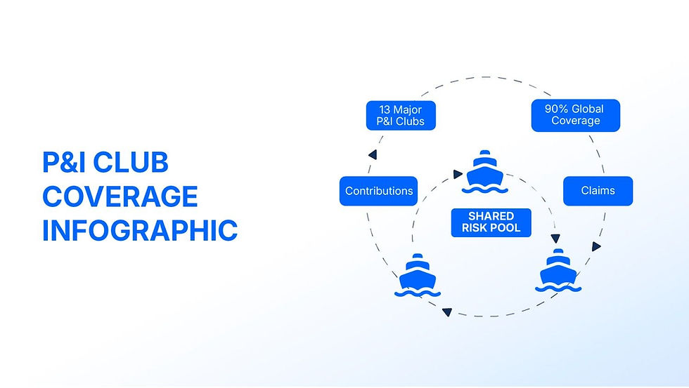 P&I Club Coverage infographic shows a cycle with shared risk pool, contributions, claims, 13 clubs, 90% coverage in blue on white.