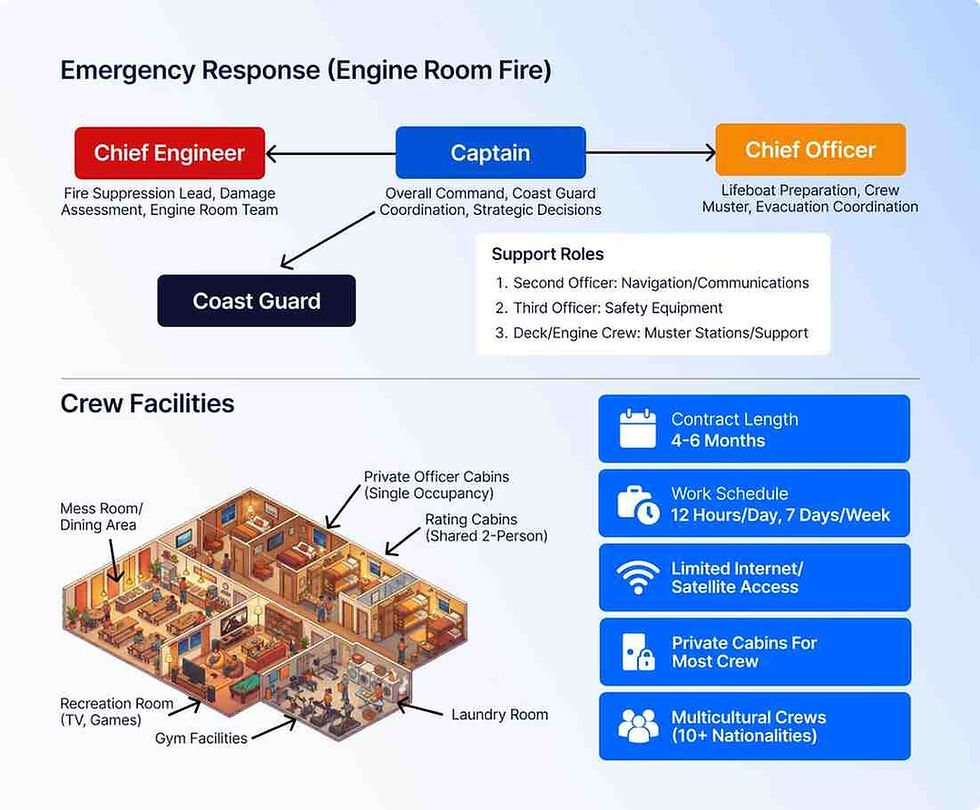 Flowchart of emergency response for an engine room fire shows roles of Chief Engineer, Captain, and Chief Officer. Below, an isometric view of ship crew facilities like mess, cabins, and gym. Blue boxes detail contract length, work schedule, internet access, and crew diversity.