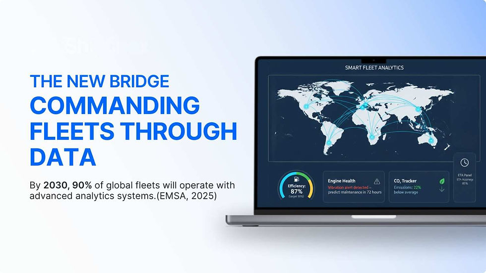 Blue text highlights "Commanding Fleets Through Data" next to a laptop displaying a global map with analytics. Projected fleet data usage by 2030.