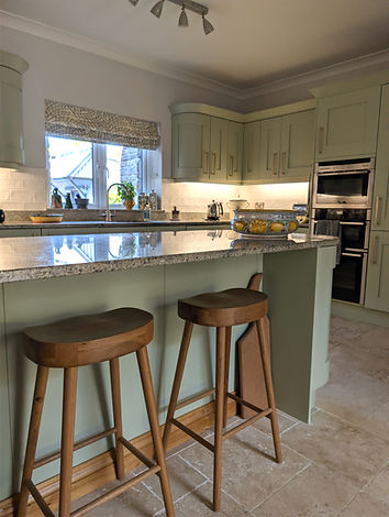 Bonvilston kitchen refinished in Vert de Terre with antique brass handles
