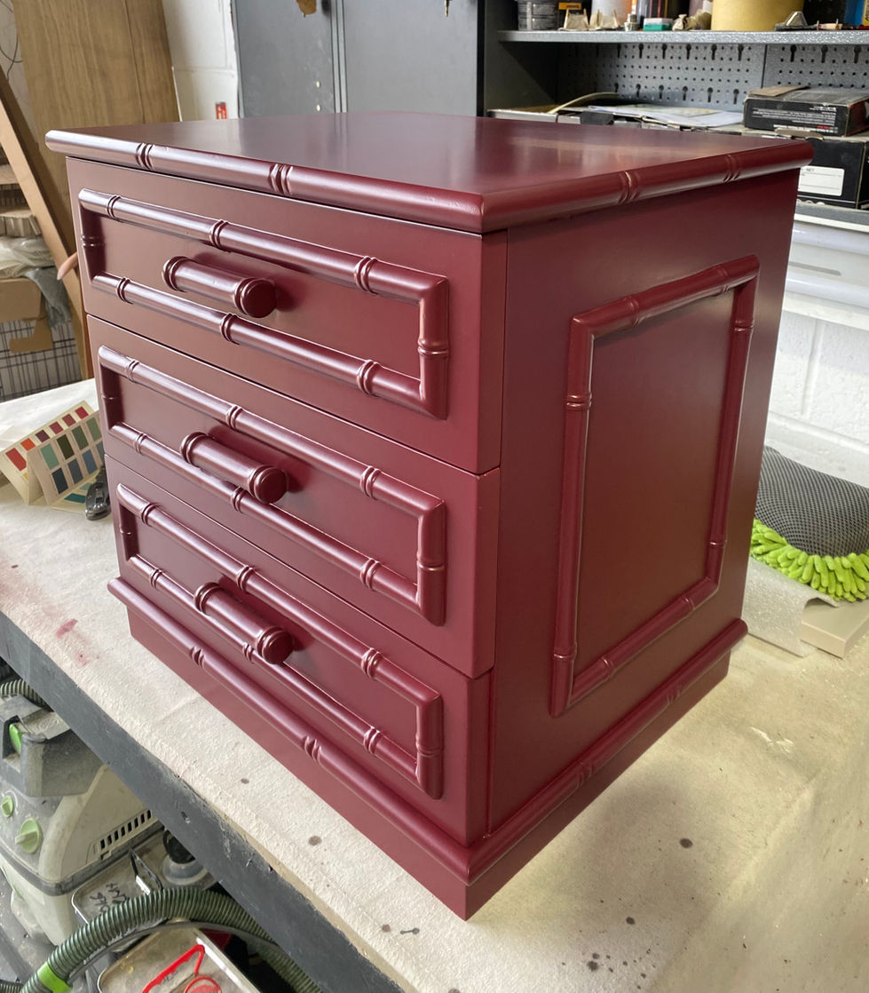 Rustic chest of drawers updated with a rich burgundy spray finish and modernised silhouette.