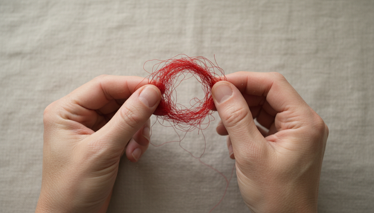 Close-up of two hands holding a frayed thread against a plain cloth background