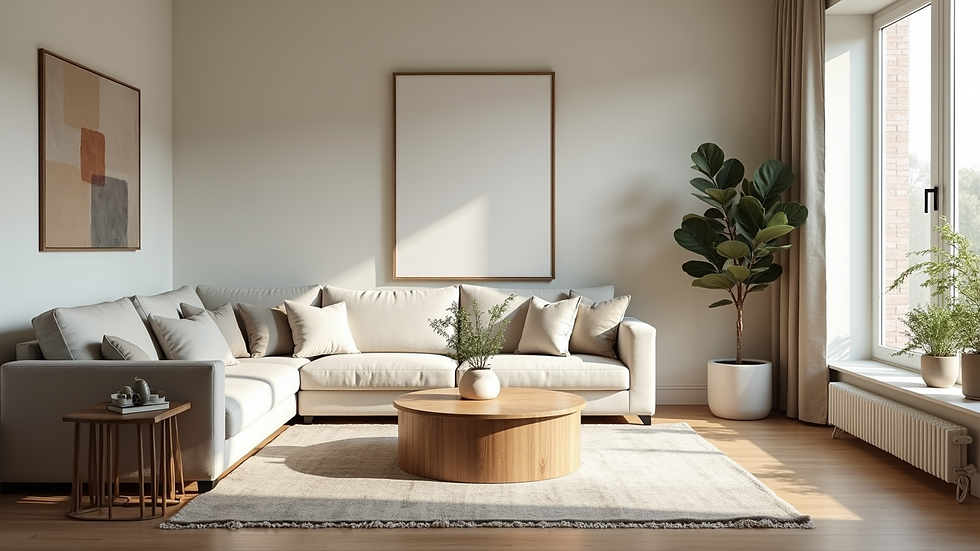 Wide angle view of a well-staged living room with natural light and neutral decor