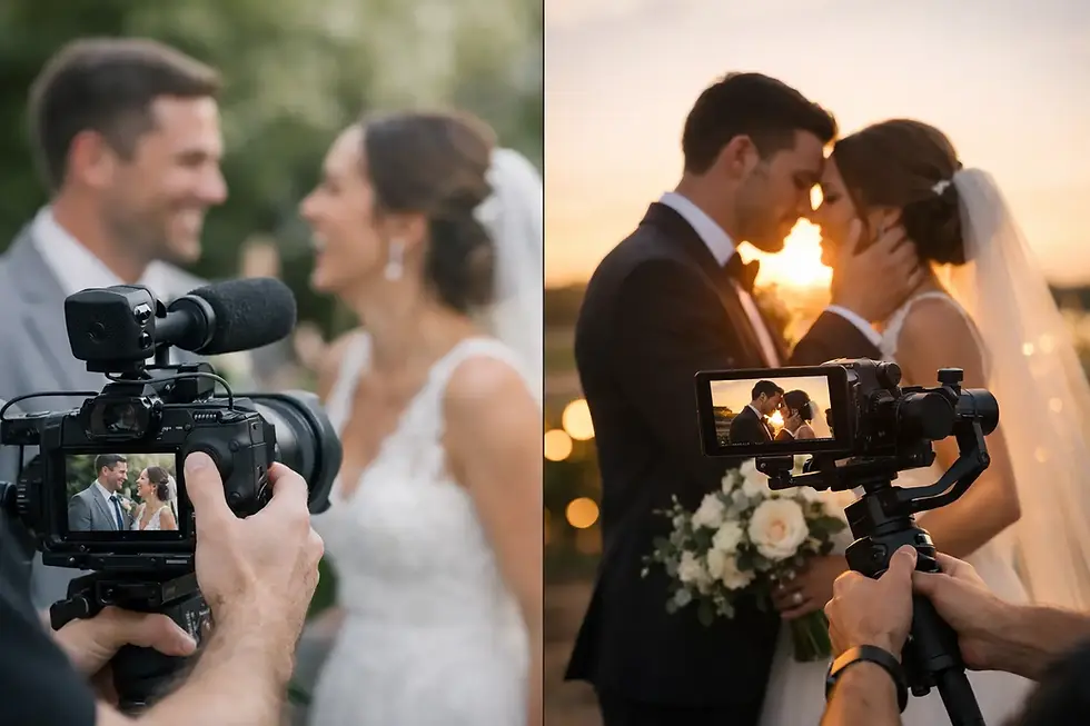 Comparison of documentary vs cinematic wedding video styles showing real moments and cinematic shots
