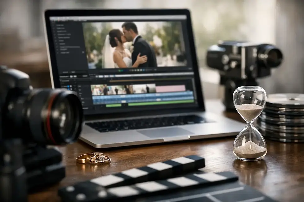Couple watching wedding film showing highlight and full-length video options