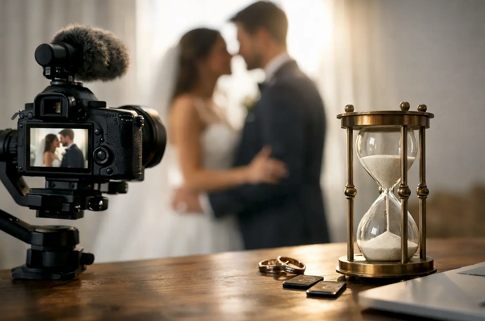 Wedding videographer editing wedding film footage on computer