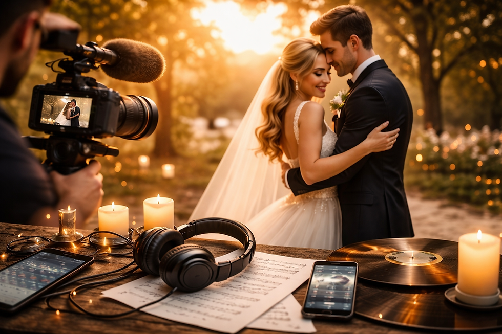 Wedding videographer editing wedding video soundtrack with licensed music