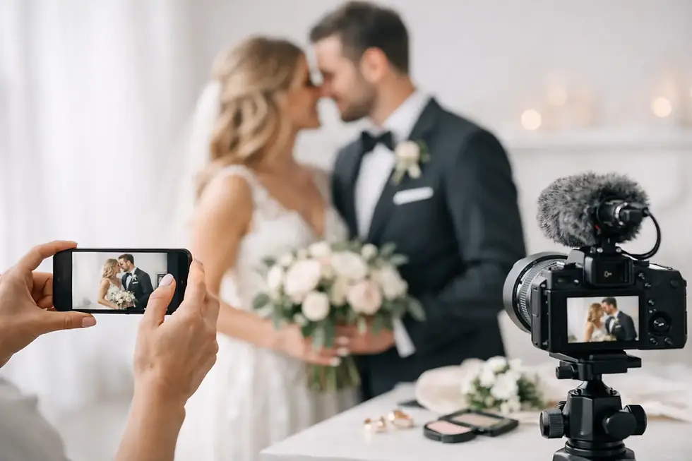 wedding content creator filming a couple with a smartphone during their wedding day