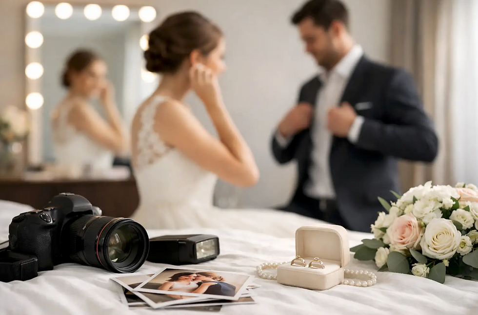 couple preparing for wedding photos with photographer before the ceremony
