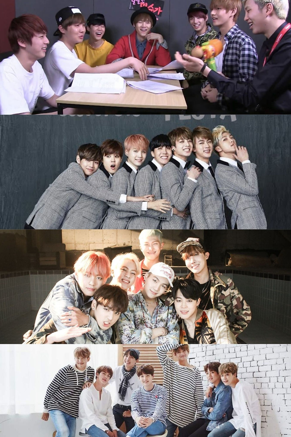 A nostalgic BTS FESTA collage showing the group laughing, hugging in suits, posing poolside, and relaxing in striped outfits.