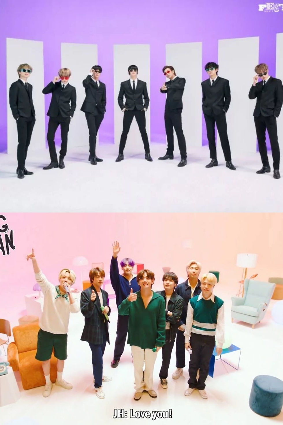 BTS members dressed in sleek black suits with playful sunglasses for a FESTA performance and a second shot of them in bright, colorful outfits smiling warmly in a pastel-themed room.