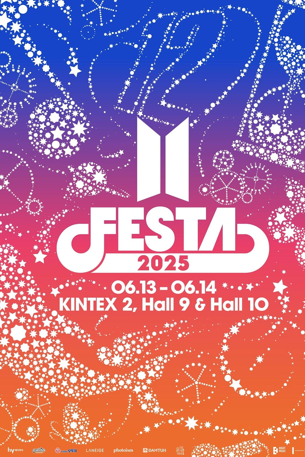 Official BTS FESTA 2025 poster featuring vibrant stars and constellations in a pink and blue gradient, highlighting the event dates and venue