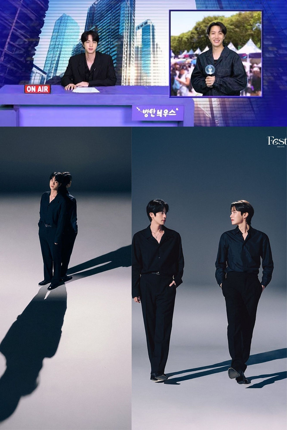 FESTA 2025 visuals: Jin at a mock news desk, Hobi reporting from a fan event, and striking black-clad portraits of Jin, reflecting reunion and growth.