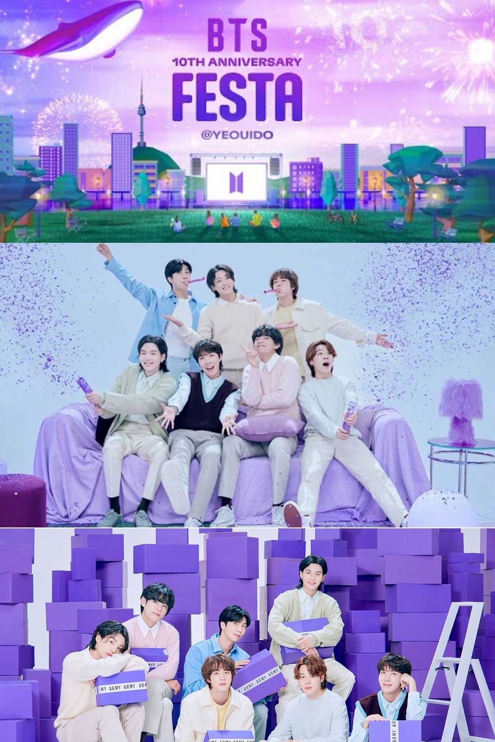 Colorful visuals from BTS's 10th FESTA anniversary in Yeouido, including animated and real group shots of the members dressed in pastel outfits with purple props and confetti.