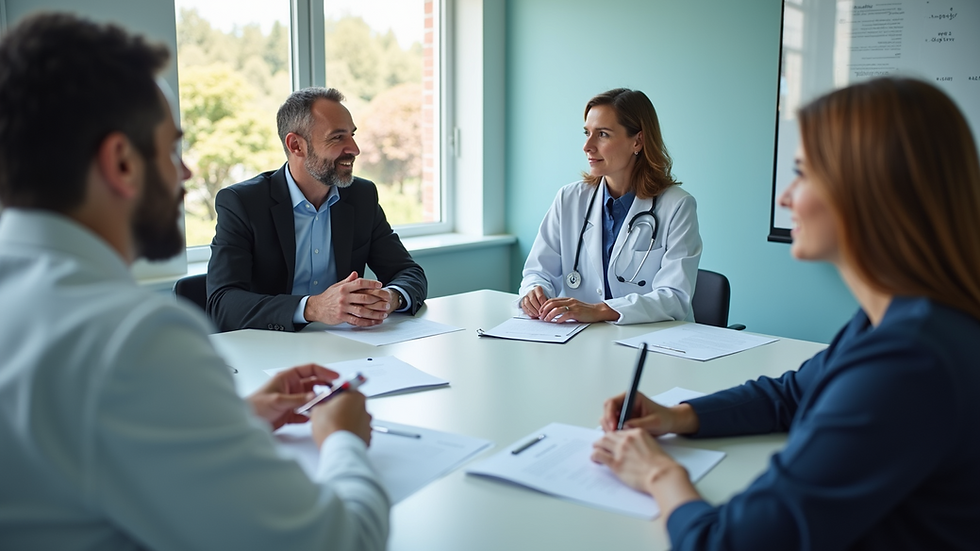 High angle view of a meeting room with healthcare professionals discussing documents