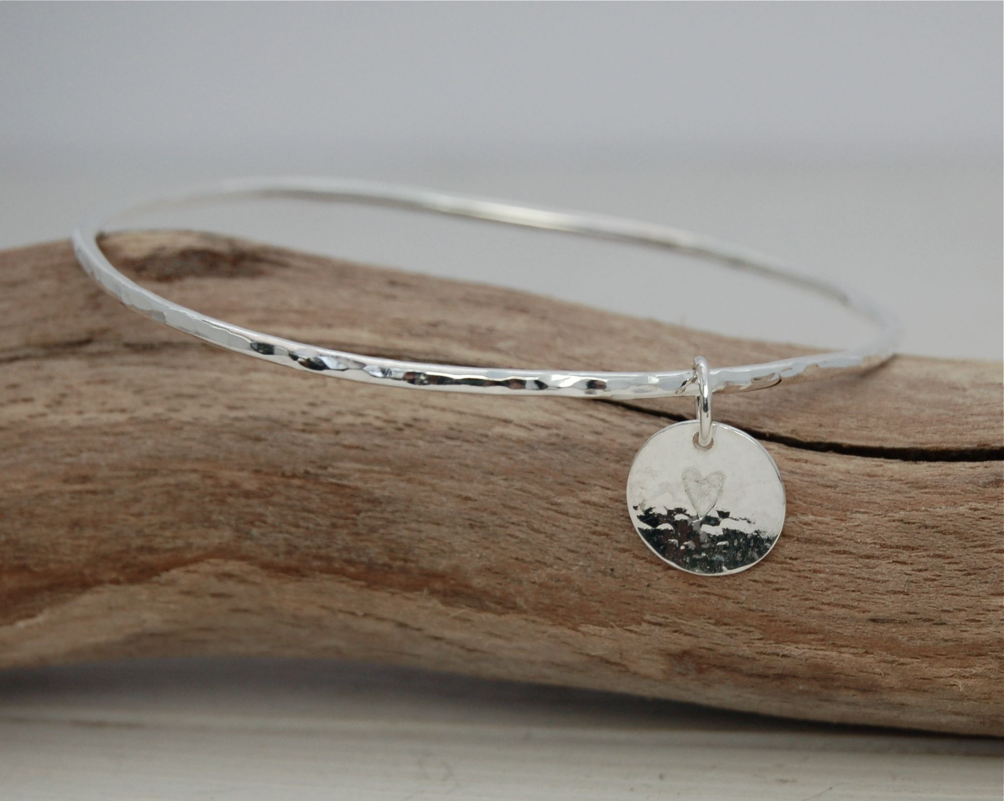 Silver Hammered Bangle with Heart Charm