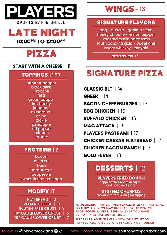 PLAYERS LATE NIGHT MENU 2026