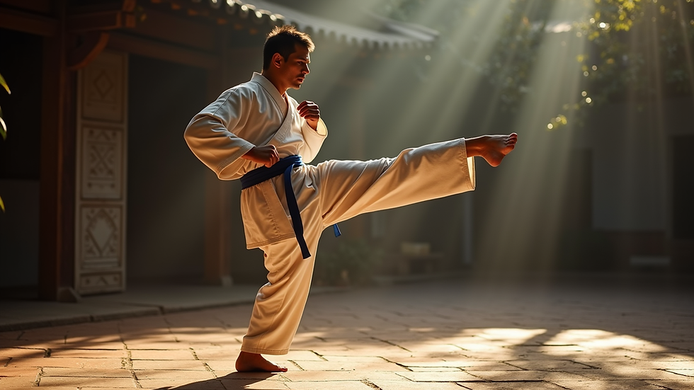 Eye-level view of a martial artist practicing a kick