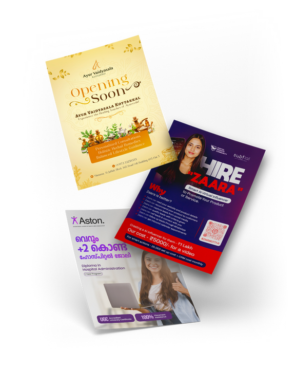 Print marketing materials: 'Opening Soon' flyer, 'Hire Zaara' flyer, Aston ad