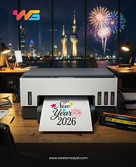 Printer with 'Happy New Year 2026' paper, city skyline and fireworks.