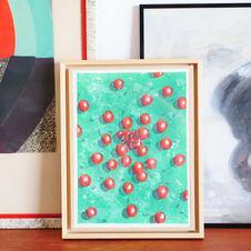 Nature morte aux cerises, sur fond vert. Offrez une touche arty et durable à votre cuisine !