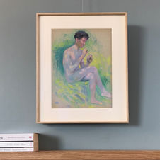 Portrait de jeune homme nu assis jouant d e la flute. Pastel sur papier provenant de l'atelier de Raymond Thibesart