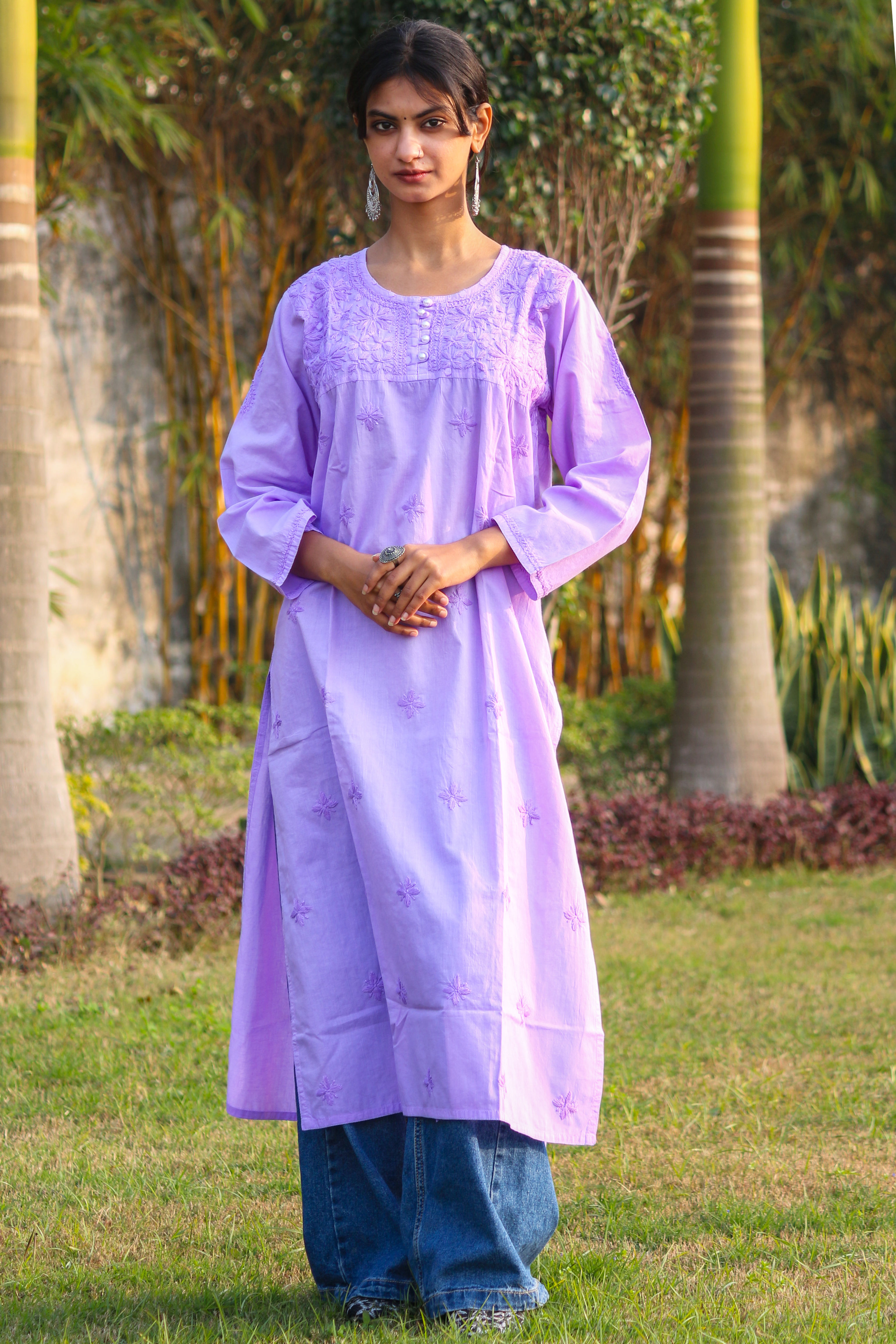 Chikavaa Handcrafted Soft Lavender Chikan Embroidered Kurti