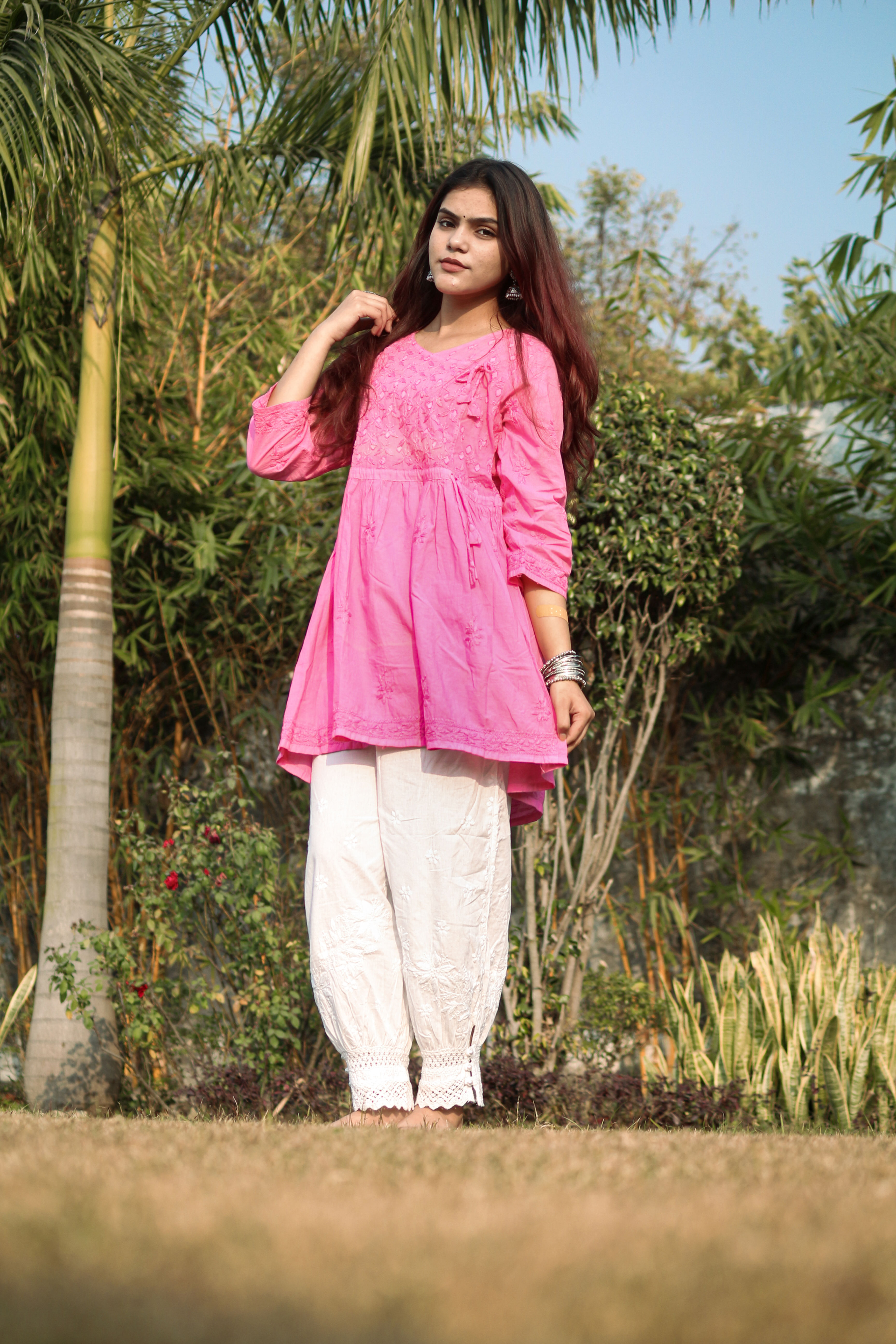 Chikavaa Handcrafted Rose Pink Chikan Embroidered Kurti and Afghani Pants Set