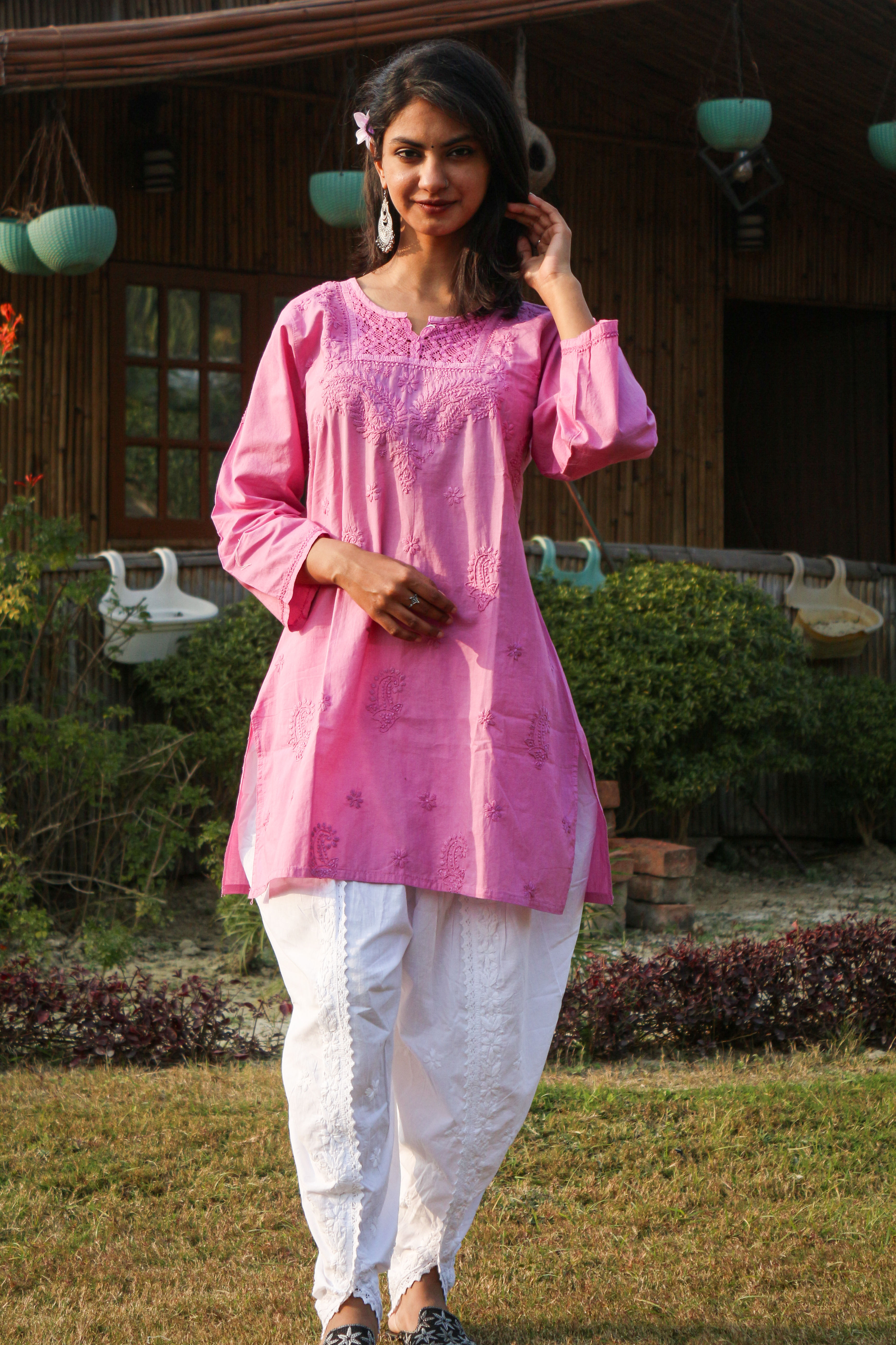 Chikavaa Handcrafted Rose Pink Chikan Embroidered Kurti