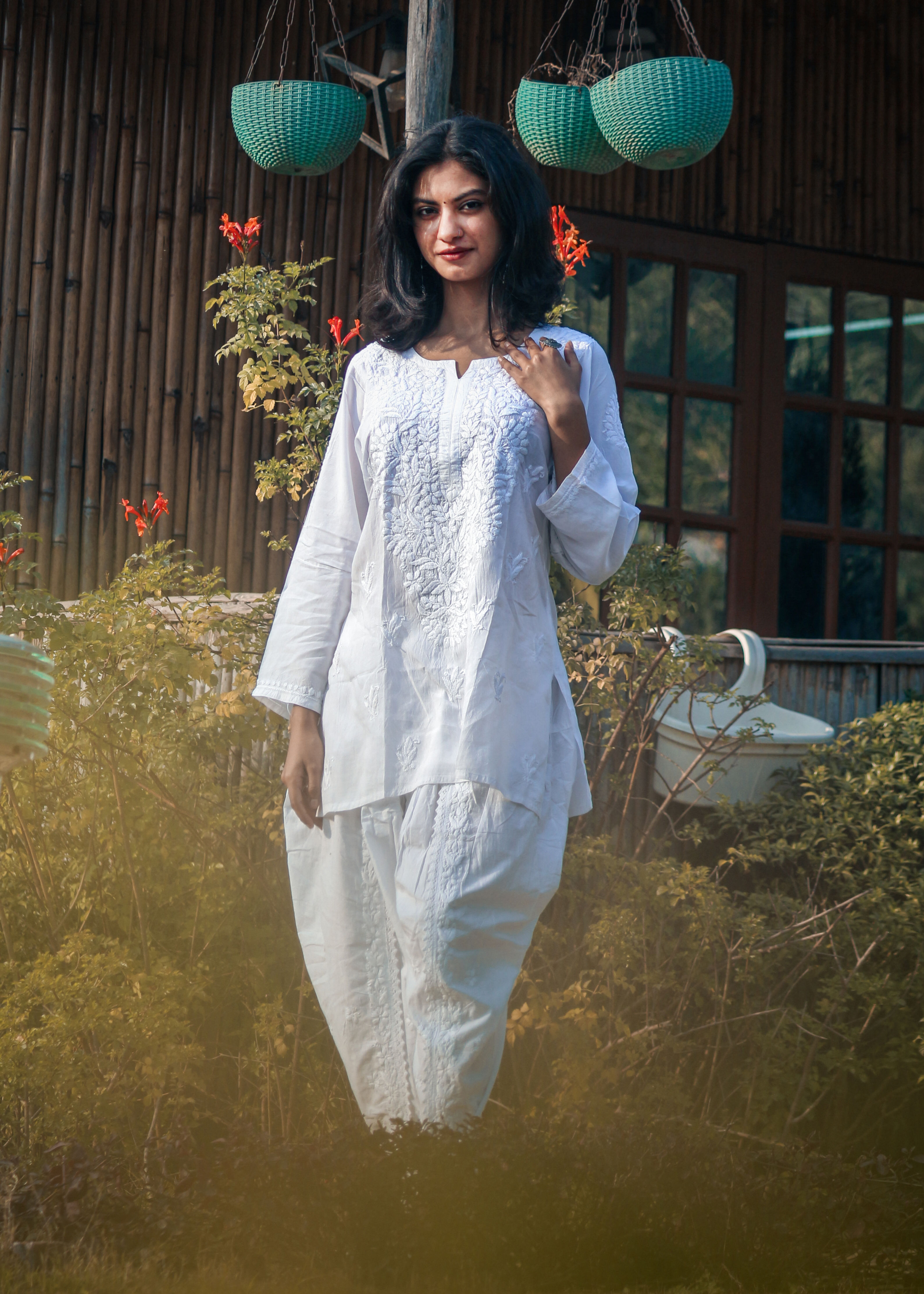 Chikavaa Handcrafted Ivory White Chikan Embroidered Kurti and Afghani Pants Set