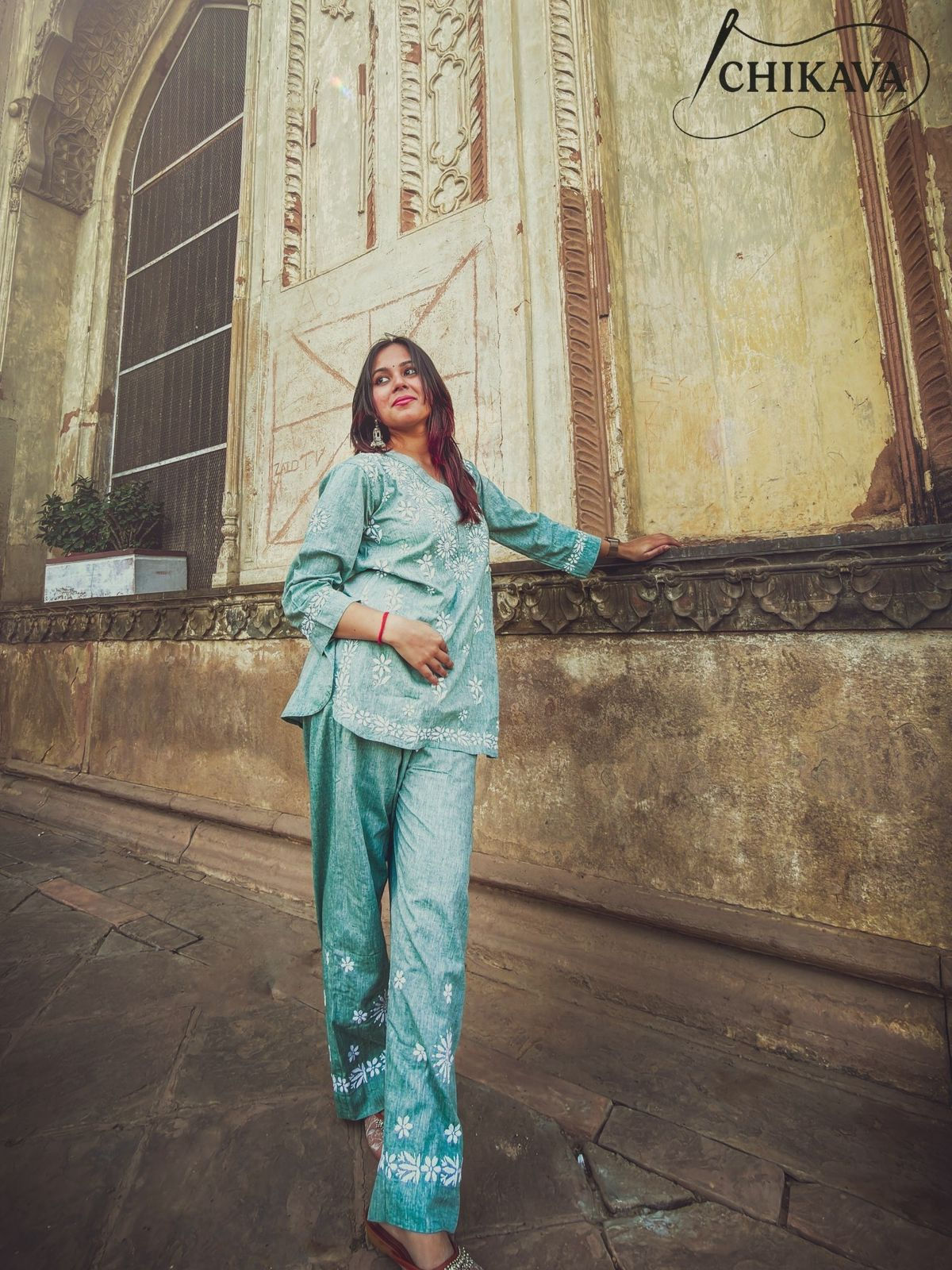 Chikavaa Handcrafted Mint Green Chikan Embroidered Kurti and Palazzo Set