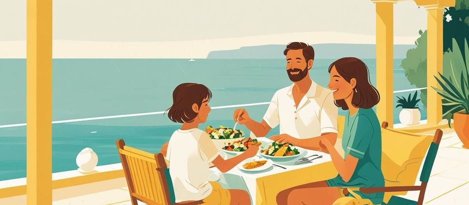 Familia disfrutando de una comida veraniega al aire libre con platos frescos, como ensalada y arroz, en un ambiente relajado y organizado.