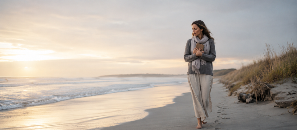 Woman walking barefoot on a misty beach at sunrise while holding a journal, representing grief, change, and compassionate healing.