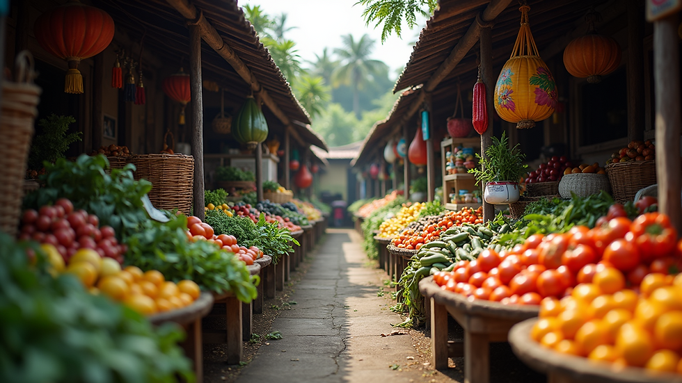 Eye-level view of a traditional Balinese market with colorful fruits and vegetables