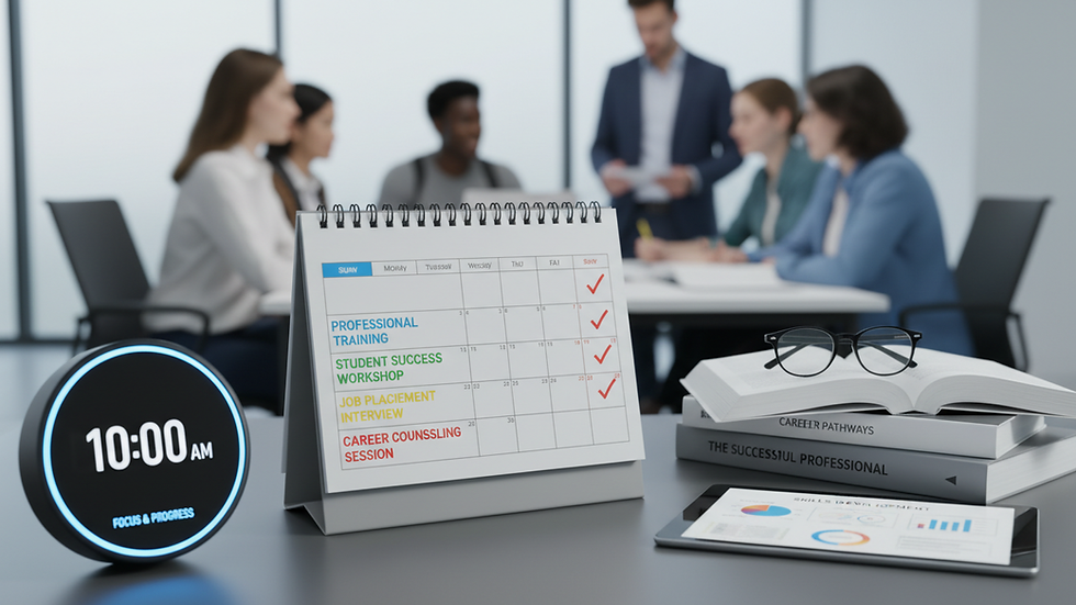 Close-up view of a calendar and clock showing time management