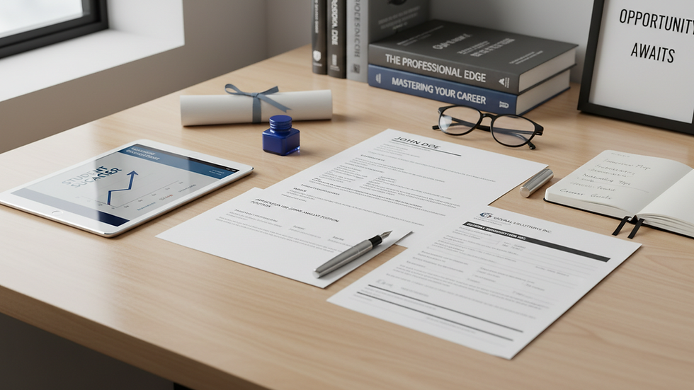 Close-up view of a resume and job application materials on a desk