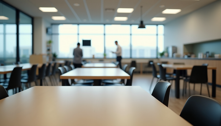 Eye-level view of a clean and organized company canteen dining area
