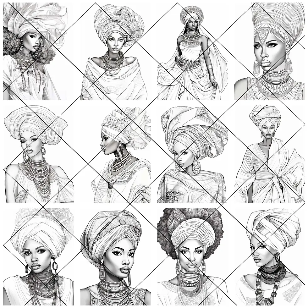 Thumbnail: 50 PNG Coloring Pages Of African Female Portraits | Resellable Coloring Book Bun