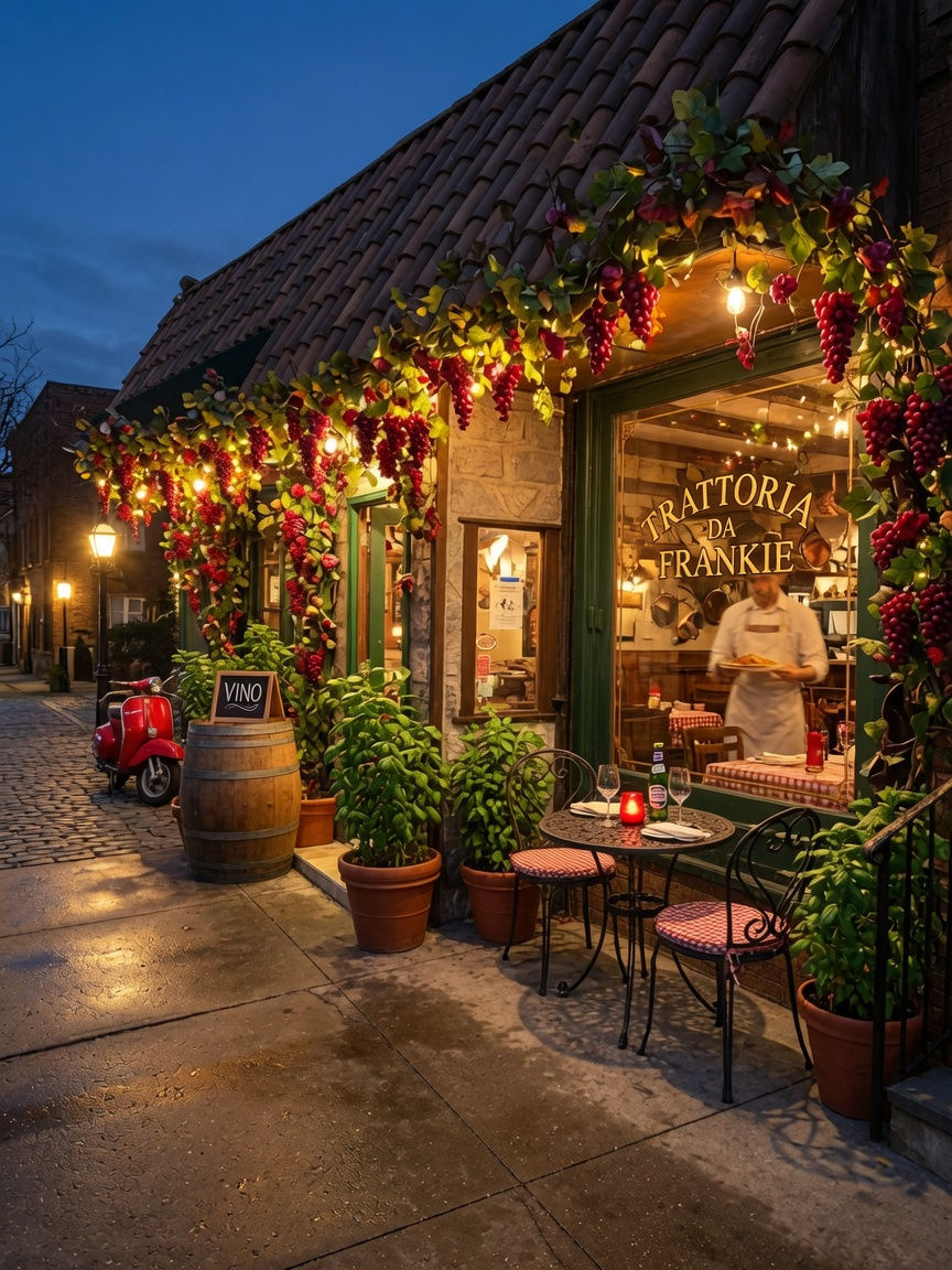Exterior of Trattoria Frankie, one of many real authentic pizzerias.