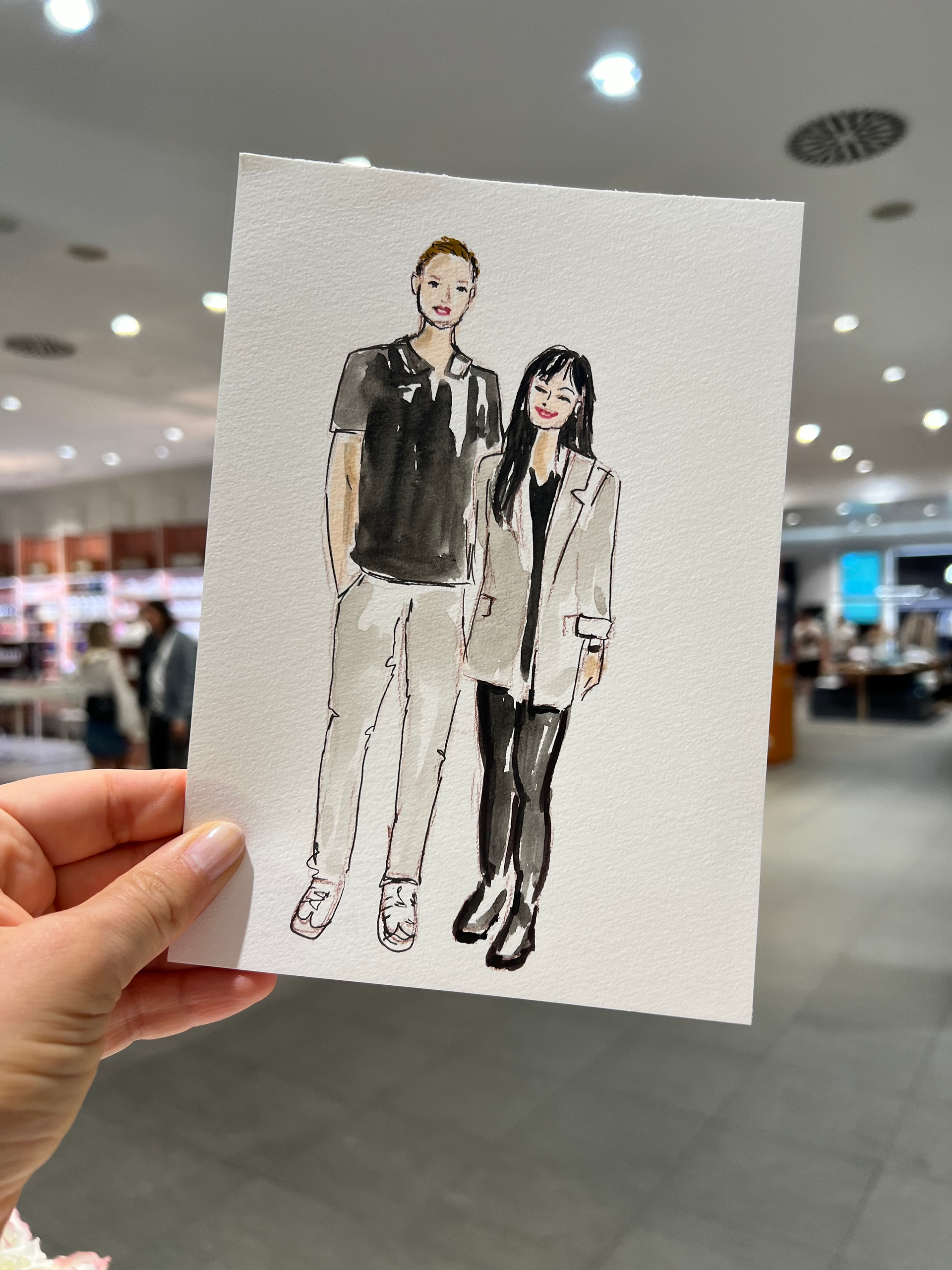 Fashion- und Live Illustration im Breuninger Leipzig, Paar das sich schnell zeichnen lässt