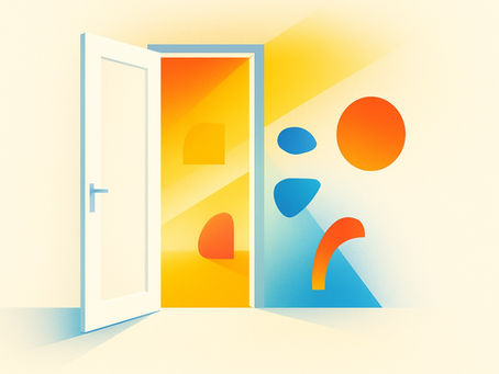 Offene Tür mit warmen Farben und abstrakten Formen – Symbol für neue Perspektiven, Teambuilding und Teamentwicklung in der Schweiz. Darstellung von Offenheit, Kreativität und verbesserter Zusammenarbeit im Unternehmen.
