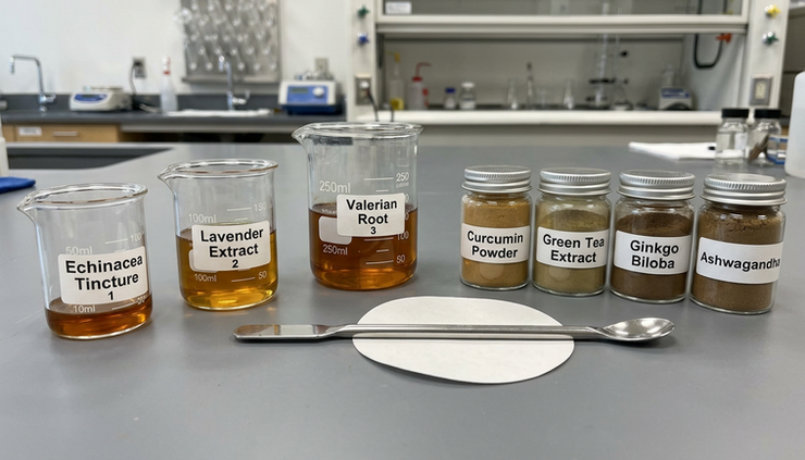 Eye-level view of amber extract liquid in laboratory glassware beside labeled botanical powder samples.